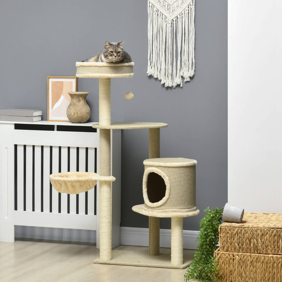 PawHut Kratzbaum mit Katzenhöhle, Hängematte und Spielzeug in Braun, Beige oder Weiß, Höhe: 124 cm - Bild 3