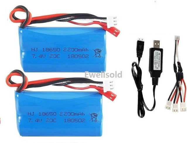 Ewellsold 7,4 V 2S Li-Ion Akku mit 2200 mAh, 18650 Zellen, JST-Stecker und USB-C, Blau, für UD1601 UD1602 SG1603 SG1604 1/16 RC Autos und Lkw - Bild 1