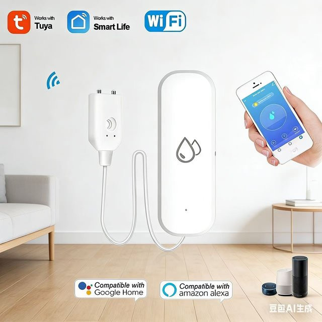iHseno WLAN Smart Wasserleckdetektor Tuya Überschwemmungssensor mit APP-Fernbenachrichtigung in Weiß - Bild 1