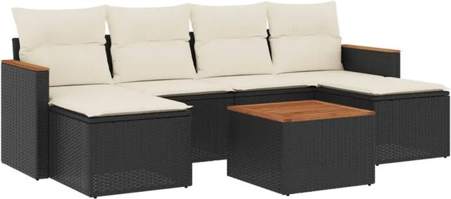 vidaXL 7-teilige Garten-Sofagarnitur aus Poly-Rattan und Akazienholz in Schwarz-Creme mit Kissen - Bild 1