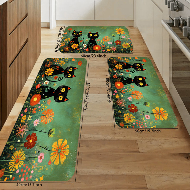 VIKAMA 3-teiliges Teppich-Set mit schwarzer Katze in Dunkelgrün für Wohnzimmer und Küche - Bild 1