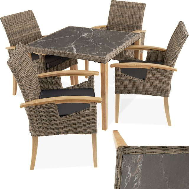 tectake Rosarno Rattan Essgruppe mit Tisch und 4 Stühlen in Natur, wetterfestes Kunststoffgeflecht mit Holzgestell und Feinsteinzeugplatte, B/T/H: 93,5 x 93,5 x 75 cm - Bild 1