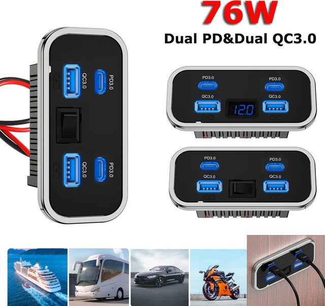 Kebidumei 76 W Dual USB Schnellladegerät mit 4 Ports, Dual PD und Dual QC 3.0 Typ C, Schwarz, für Auto, LKW, Bus und Marine - Bild 1