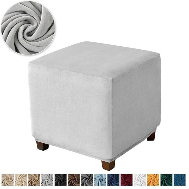 Yiran Furniture Ottomanenbezug aus Samt in Grau, Waschbarer Stretch Hockerbezug für Wohnzimmer und Schlafzimmer - Bild 1