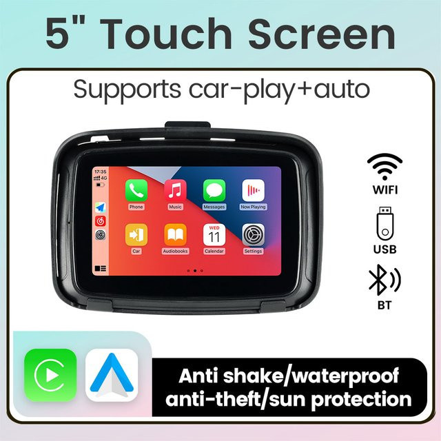 Navifly Tragbarer Motorrad-Navigationsbildschirm mit 5 Zoll Display, Wireless CarPlay und Android Auto, IPX7 Wasserdicht, Schwarz - Bild 1