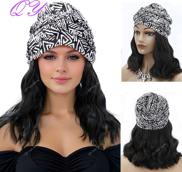 QY Turban-Kappen-Perücke, Synthetik, Ombre Schwarz-Weiß, Wasserwellen, Damen - Bild 1