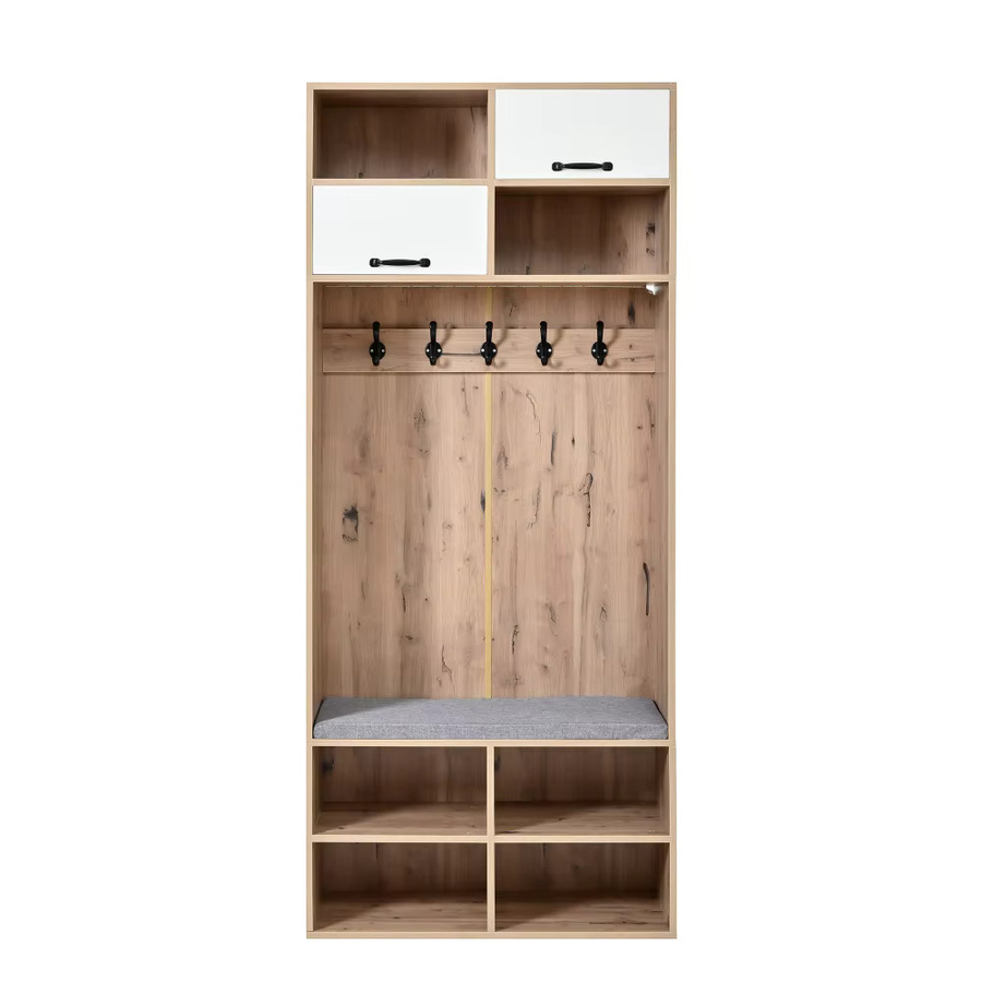 PINGGO Garderobenset im skandinavischen Design mit Bank, 2 Türen, 6 Staufächern und 5 Haken, Naturholz und Weiß, B/T/H: 80 x 35 x 185 cm - Bild 2