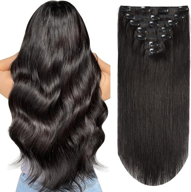 CC YOUNG Clip-in-Haarverlängerungen, echtes menschliches Haar, 7 Stück, natürliches Schwarz, gerade - Bild 1