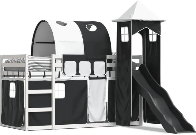 vidaXL Etagenbett für Kinder aus Kiefernholz mit Rutsche und Gardinen, Weiß und Schwarz, B/T/H: 90 x 200 cm - Bild 1