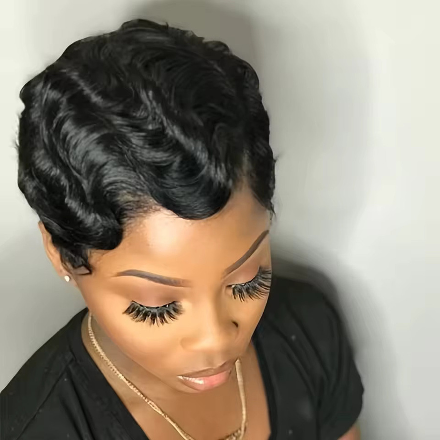 OYM HAIR Pixie-Perücke, Echthaar, schwarz, lockig, kurz, Damen - Bild 4