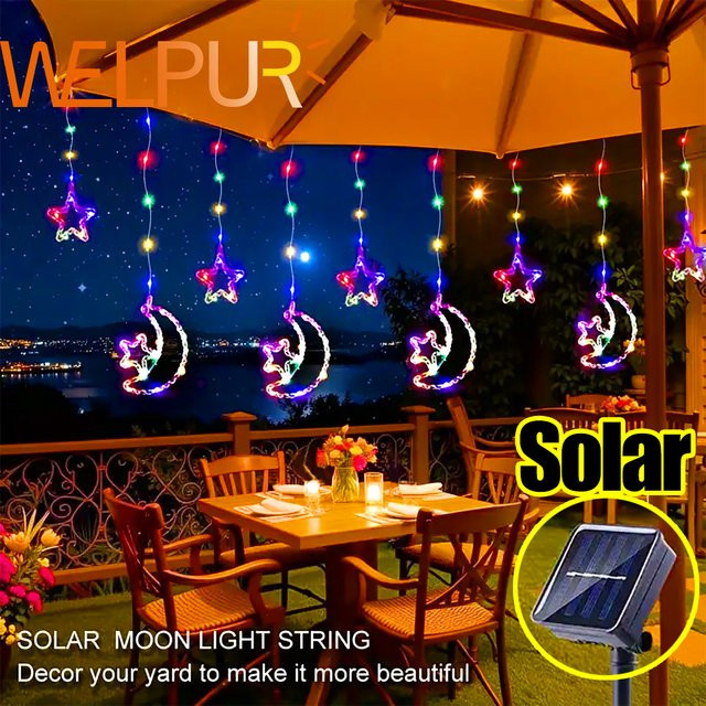 WELPUR Solar Sterne und Mond Vorhang Lichterkette zur Dekoration für Garten, Terrasse und Outdoor-Partys - Bild 1