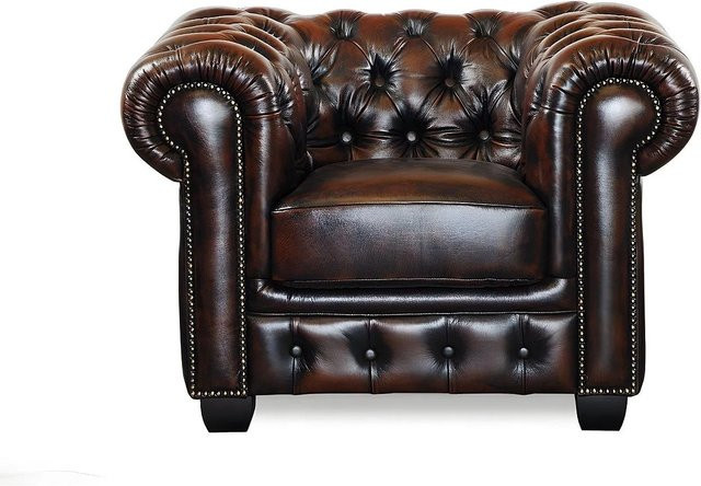 Vente-unique Sessel Brenton Chesterfield aus Leder in Schokobraun mit gerader Rückenlehne und Armlehnen, Höhe: 105 cm - Bild 1