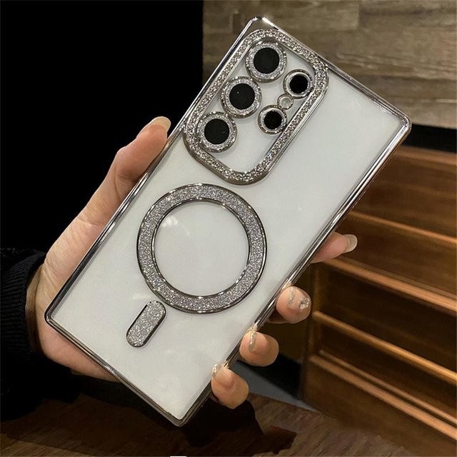 Magnetische Schutzhülle mit Diamant-Beschichtung für Samsung Galaxy S26 S24 Ultra S23 S22 in Silber, stoßfest mit Linsenschutz und kabellosem Laden - Bild 1