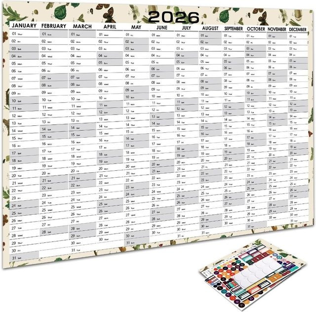 Wandkalender 2026 als 12-Monats-Jahresplaner für das Büro mit Etikettenaufklebern, Weiß, Breite: 76,2 cm, Höhe: 50,8 cm - Bild 1