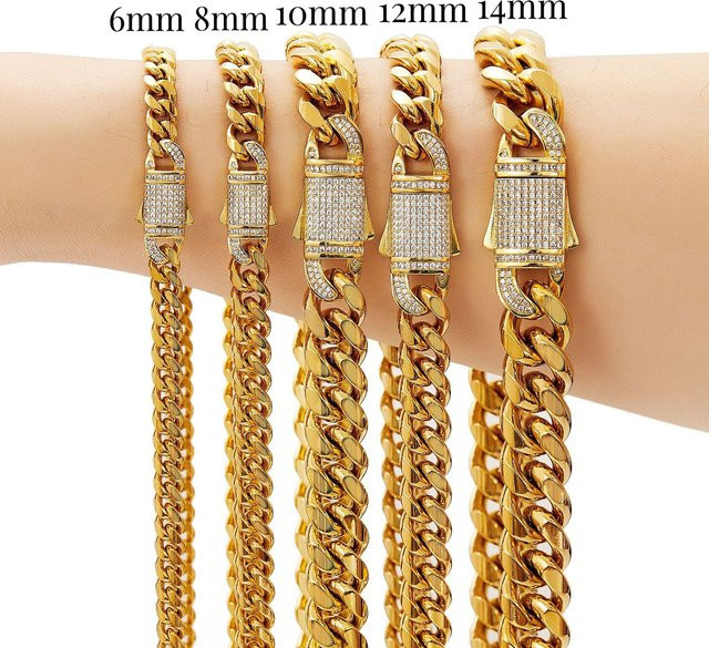 Miami Curb Chain Halskette oder Armband, Edelstahl, Gold, Unisex - Bild 1