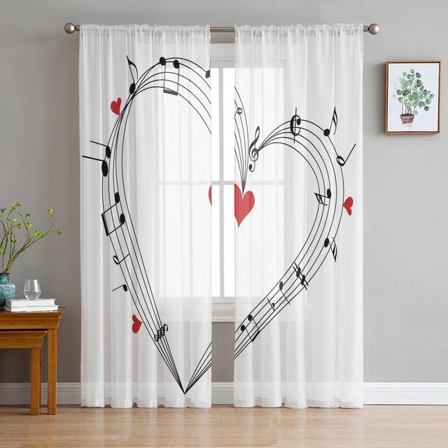 Yiran Furniture Transparentes Chiffon-Fensterdekoration mit bunten Musiknoten, Tüll-Vorhang mit Ösen, B: 135 cm, H: 115 cm - Bild 1