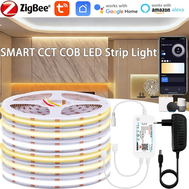 Tuya Zigbee 3.0 COB CCT LED-Streifen, dimmbar, 608 LEDs/m, Weiß, kompatibel mit Alexa und Google Assistant - Bild 1