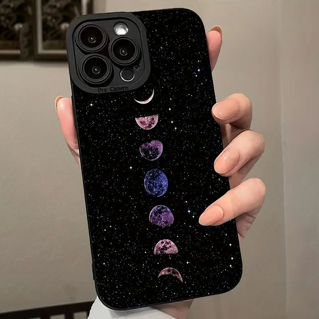 Xiaomi Handyhülle mit Hohlmond, Sternen und Planeten Glitzer-Motiv in Schwarz für Redmi Note 14 13 12 Pro Plus 12S 11 10 14C 13C 12C - Bild 1