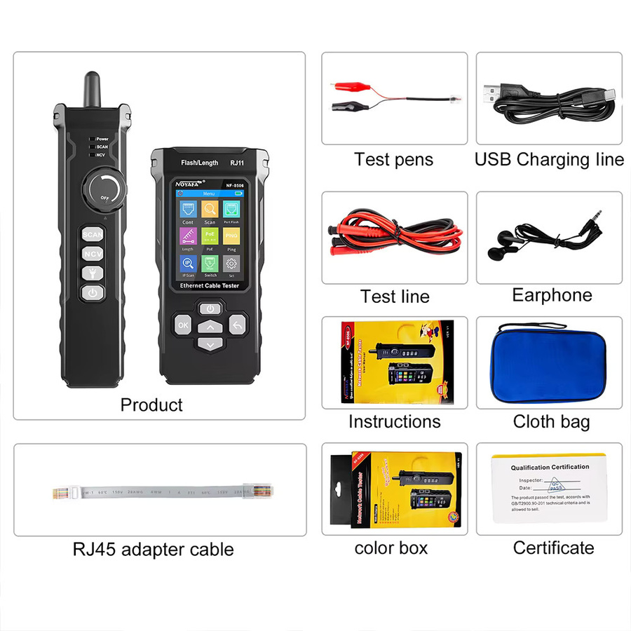 NOYAFA NF 8506 Multifunktions-Ethernet-Kabeltester in Schwarz mit IP-Scan, Ping, PoE-Test und RJ45/RJ11 Netzwerkkabel-Tracker - Bild 6