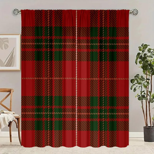 2er-Set karierte Vorhänge aus Polyester in Rot für Schlafzimmer und Wohnzimmer, semi-transparent, B: 106,68 cm, H: 213,36 cm - Bild 1