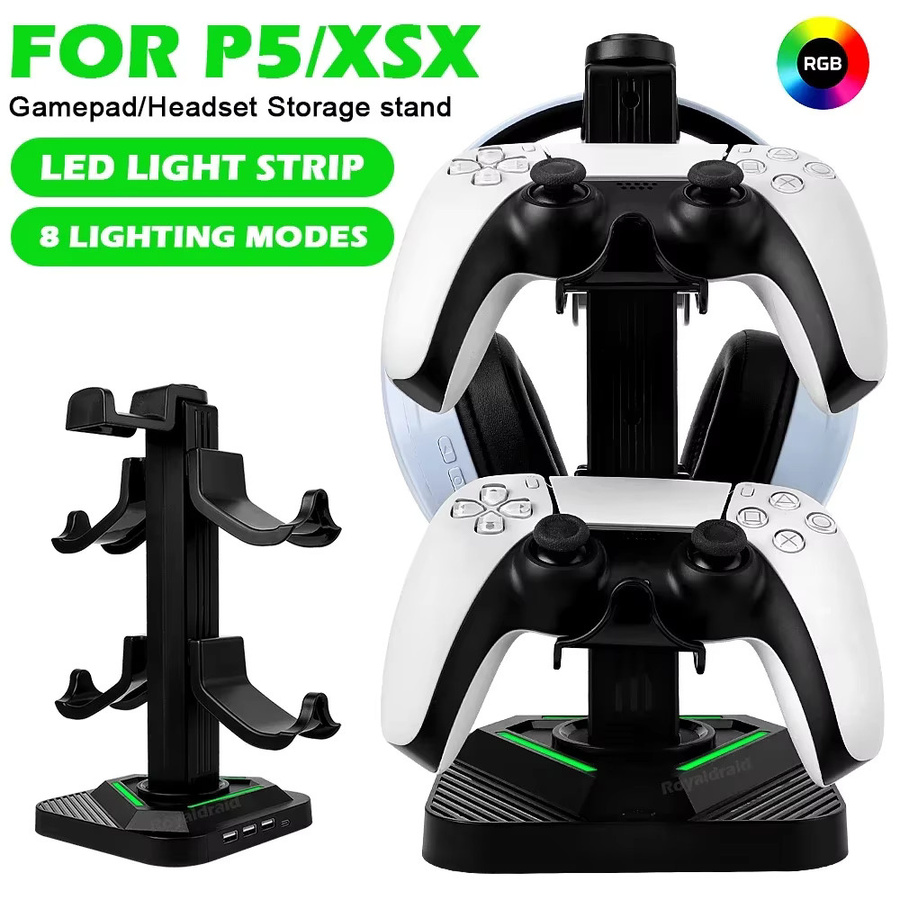 Hayoumon 2-lagiger Controller-Halter für PS5 und Xbox Series X mit LED-Lichtstreifen in Schwarz zur Aufbewahrung von Gamepads und Headsets - Bild 2