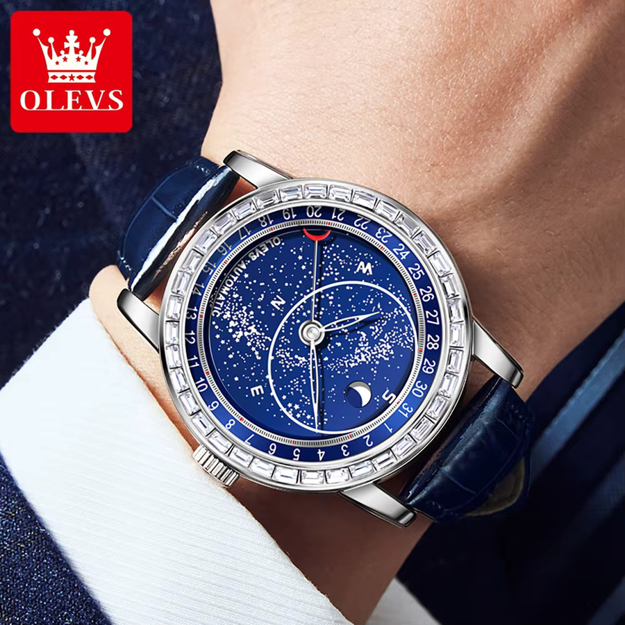 OLEVS Armbanduhr Automatik, Edelstahl, Leder, Blau, Mondphase, Herren - Bild 5