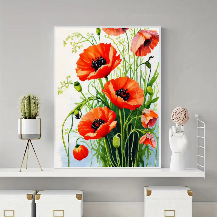 HUACAN Diamantmalerei Set Mohnblumen 5D DIY Mosaik Stickerei in Rot mit runden Steinen B/H: 30 x 20 cm - Bild 4