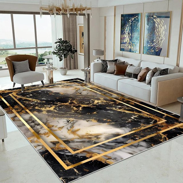 Karpetti Teppich in Schwarz-Gold mit Marmor-Design, rutschfest und waschbar, B/T: 90 x 60 cm - Bild 1