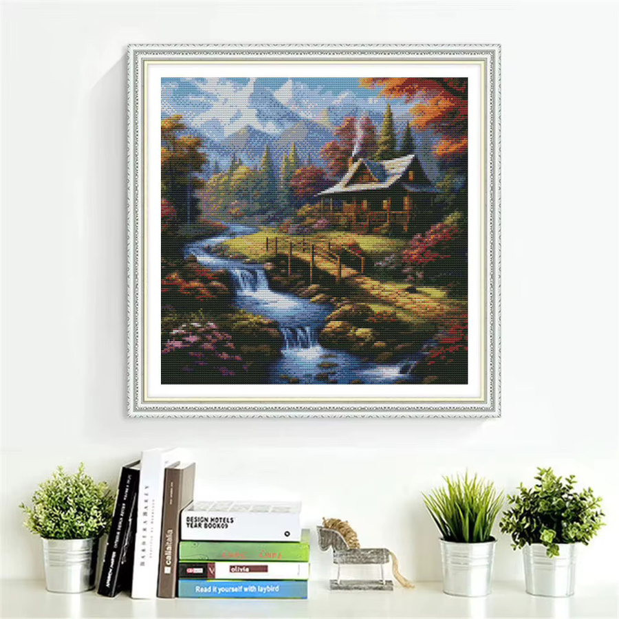 HUACAN Kreuzstich DIY Stickerei Set Landschaft mit Natur und Wasserfall auf bedruckter Leinwand, Mehrfarbig - Bild 3