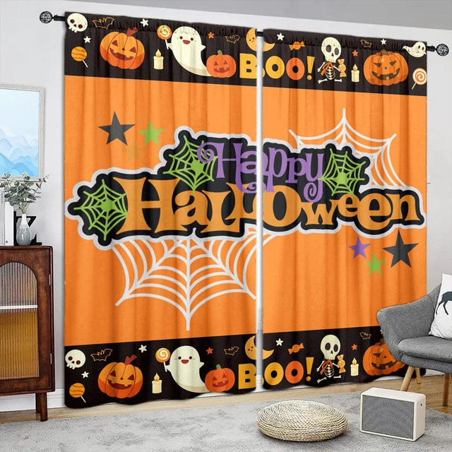 2er-Set Happy Halloween Vorhänge aus Polyester in Orange für deine Heimdekoration, Breite: 52,5 cm, Höhe: 116 cm - Bild 1