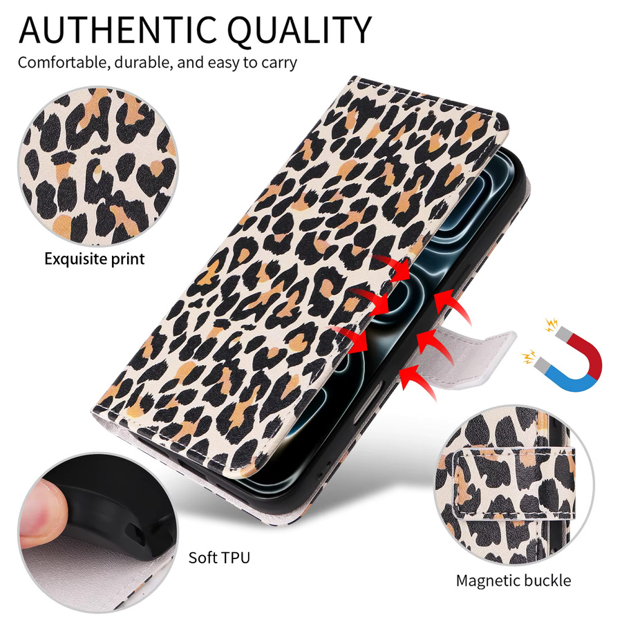 Leopardenmuster Flip-Wallet Handyhülle aus Kunstleder mit Kartenfach für iPhone 17 Pro Max, 16 Pro, 15, 14 Plus, 13 in Beige und Multicolour - Bild 5