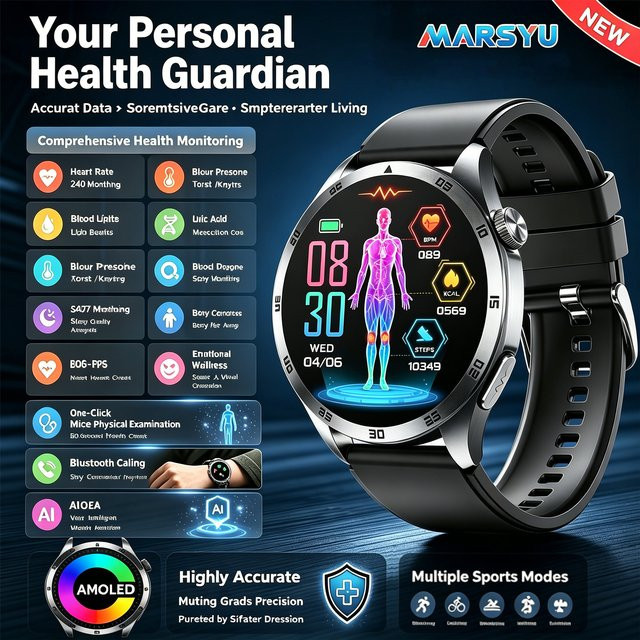 Marsyu Smartwatch, Schwarz, Silikon, Unisex - Bild 1