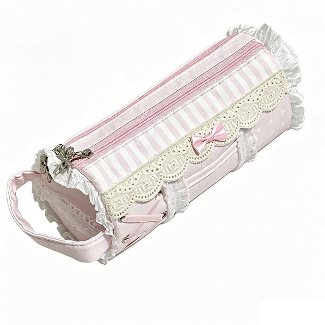 WIKHOSTAR Federmäppchen mit Spitze in Rosa und Weiß, großes Stifteetui für Schüler und Kosmetiktasche - Bild 1