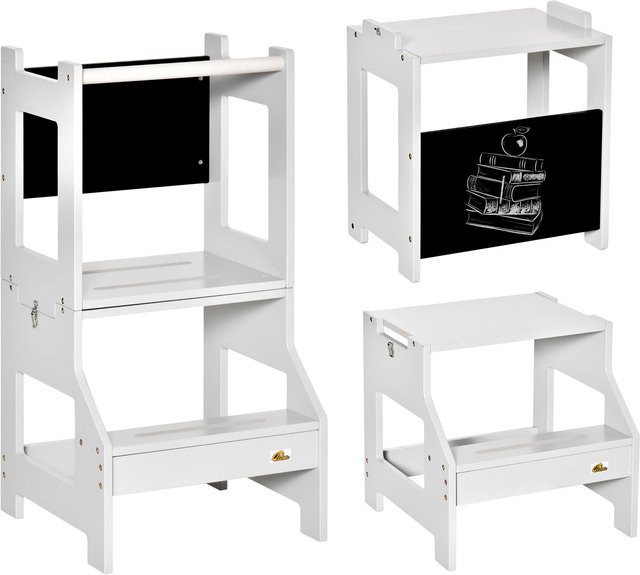 HOMCOM 3-in-1 Lernturm für Kinder mit Kreidetafel und Sicherheitsstange, Grau - Bild 1