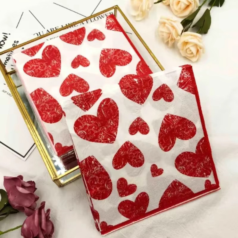 GUANYAO Herzförmige Servietten mit floralem Muster in Bunt und Rot, 20 Stück aus Papier für Hochzeit und Valentinstag - Bild 3