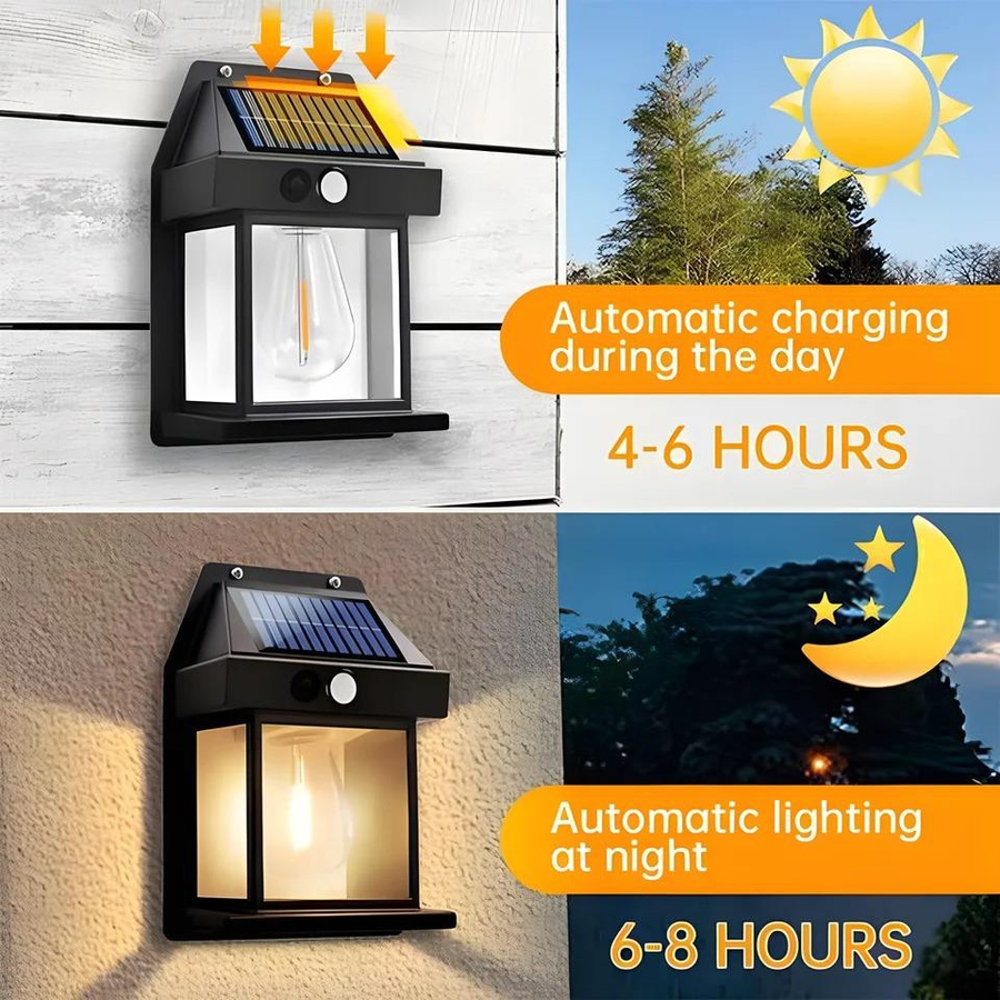 Meiteai-Home LED Solar Wandleuchte mit Bewegungssensor, Wasserdichte Außenleuchte IP65 für Garten und Haus, Warmweißes Nachtlicht in Schwarz - Bild 2