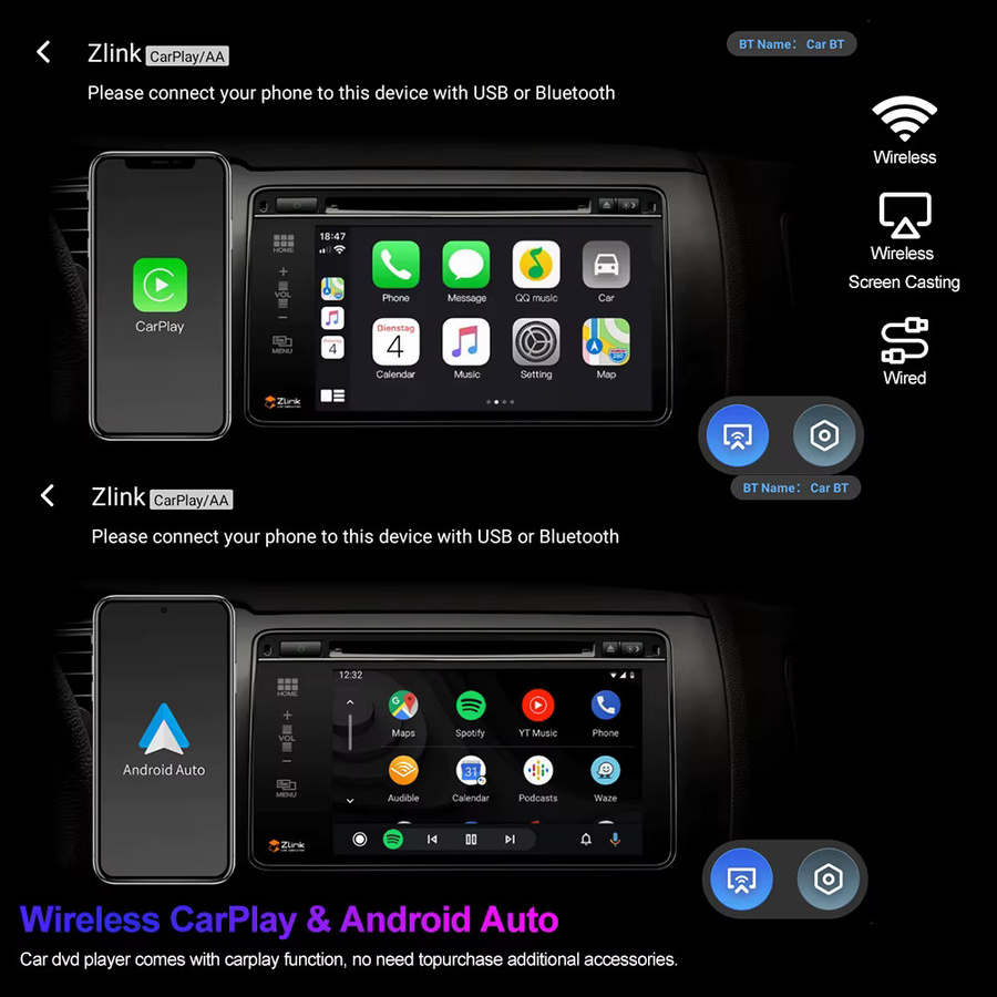 Android Auto und Carplay Autoradio mit GPS Navi und WiFi für Toyota Avensis T25 (2004-2008) in Schwarz - Bild 3