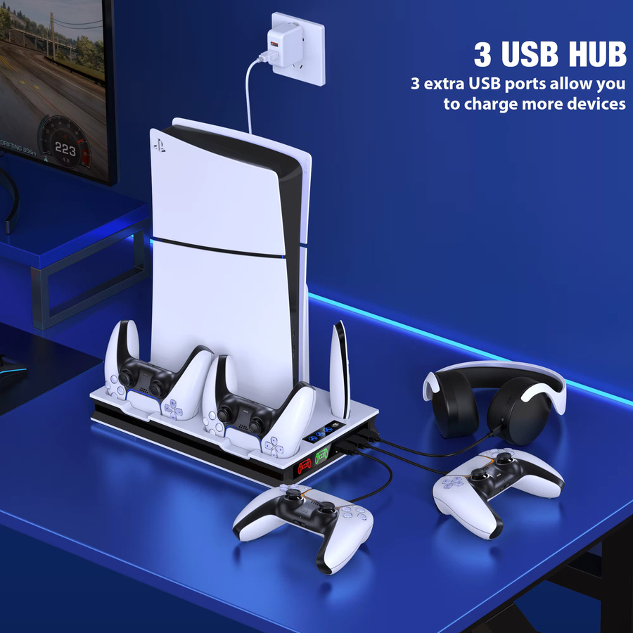 Sony Ladestation für PS5 Pro und PS5 Slim mit vertikaler Kühlung und Controller-Ladeständer in Weiß - Bild 2