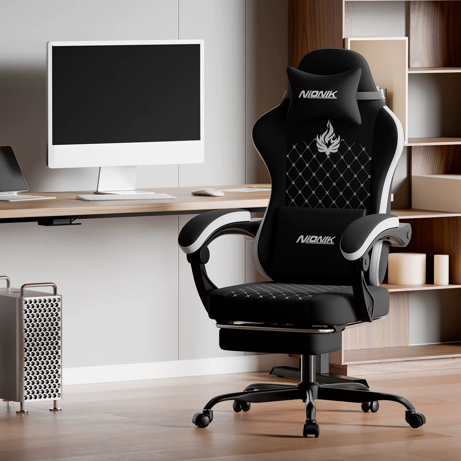 Ergonomischer SUKIDA Gaming-Stuhl mit hoher Rückenlehne und Fußstütze in Schwarz-Weiß aus Kunstleder für Erwachsene - Bild 3