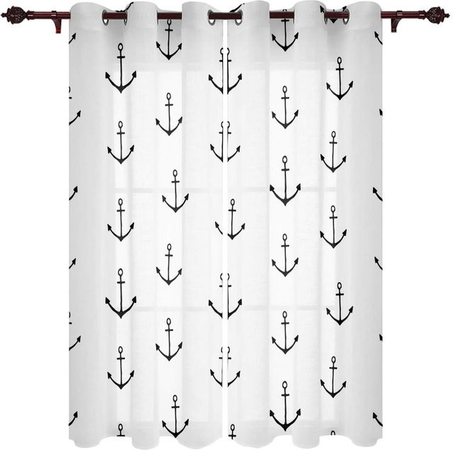 Super Six Vorhang mit maritimem Anker und Fisch Design in Blau und Weiß, semi-transparent, Breite: 135 cm, Höhe: 115 cm - Bild 1