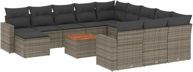 vidaXL 13-teilige Garten-Sofagarnitur in L-Form aus grauem Poly-Rattan mit Kissen und Akazienholz - Bild 1