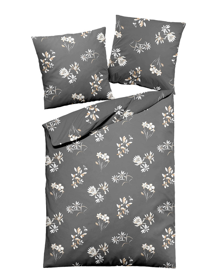 Dormisette Edel Biber Bettwäsche aus Baumwolle mit Blumenmuster in Grau Weiß Sand, B/H: 155 x 220 cm mit Kissenbezug 80 x 80 cm - Bild 1
