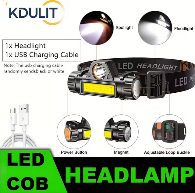KDULIT COB LED Stirnlampe in Schwarz, USB wiederaufladbar, wasserdicht mit Magnetfunktion für Outdoor, Angeln und Camping - Bild 1