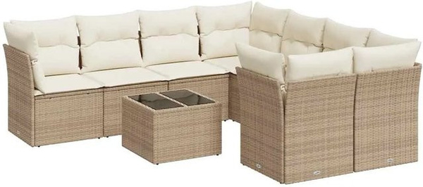 vidaXL 9-teilige Garten-Sofagarnitur in L-Form aus Poly-Rattan mit Kissen in Beige-Creme