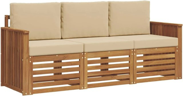 vidaXL Sofagarnitur 3-teilig aus Massivholz Akazie in Natur und Beige mit Sitz- und Rückenkissen - Bild 1