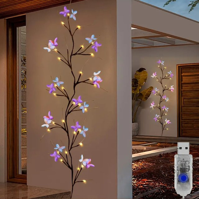 Peach Forest LED Weidenrebenlicht mit Schmetterling, 30 LEDs, Warmweiß, Braun, USB-betrieben, Wasserdicht, 8 Beleuchtungsmodi - Bild 1