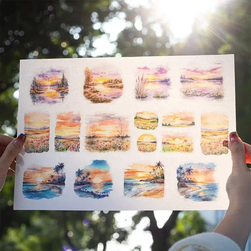 Washi Tape Rolle Blume Meer Sonnenuntergang Afterglow Landschaftsmotiv in Orange, Breite: 65 mm, Länge: 2 m - Bild 3