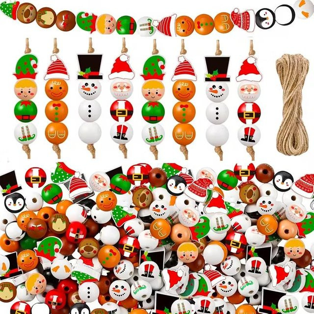 ZQNYCY Weihnachts Holzperlen DIY Set mit Santa Claus, Lebkuchenmann und Elf als hängende Ornamente für Baum und Hausdekoration, Mehrfarbig - Bild 1