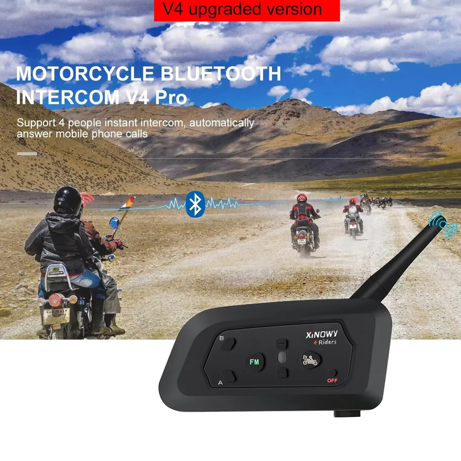 XiNOWy V4 PRO Motorrad-Bluetooth-Helm-Gegensprechanlage in Schwarz mit 4-Personen-Reitsprechanlage und einer Reichweite von 800 bis 1200 Metern - Bild 2