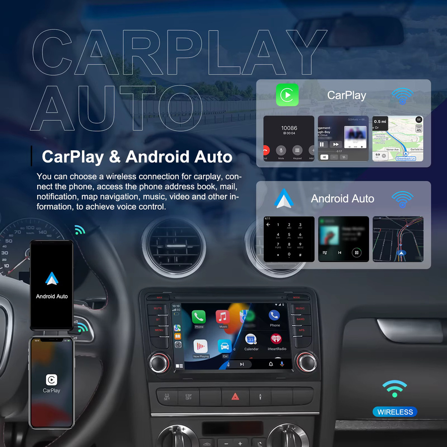 Podofo 2DIN Intelligentes Autosystem mit Carplay, Android Auto, Mirror Link, GPS und WLAN für Audi A3 8P 8P1 S3 RS3 Sportback in Schwarz - Bild 2